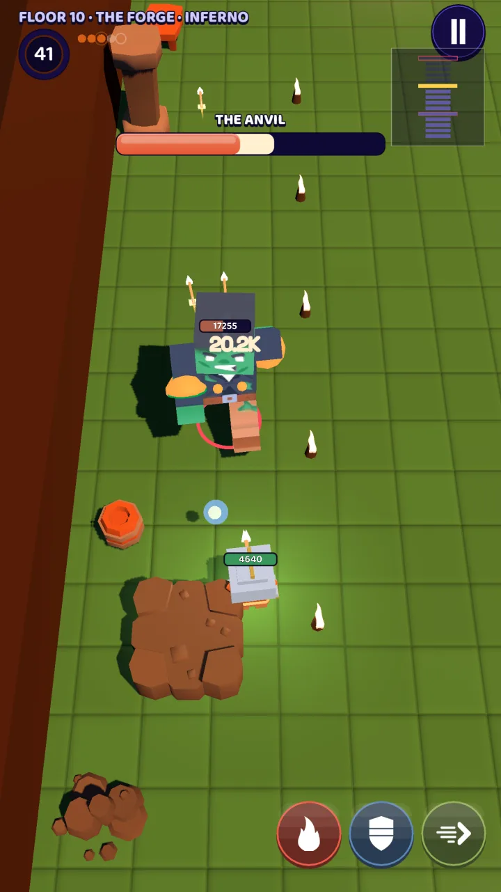 A fight against the boss of The Forge, with its name and health bar at the top, on a green tiled floor.
