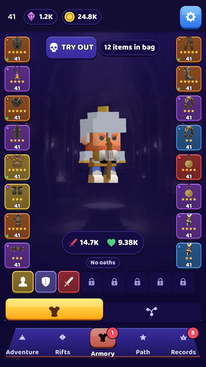 The Armory: the hero in the centre, wearing their class's outfit and holding a weapon, with the gear for each slot on both sides, showing rarity and stars.