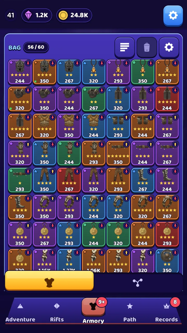 The bag full of gear sorted by rarity, each piece with its icon, stars and value.