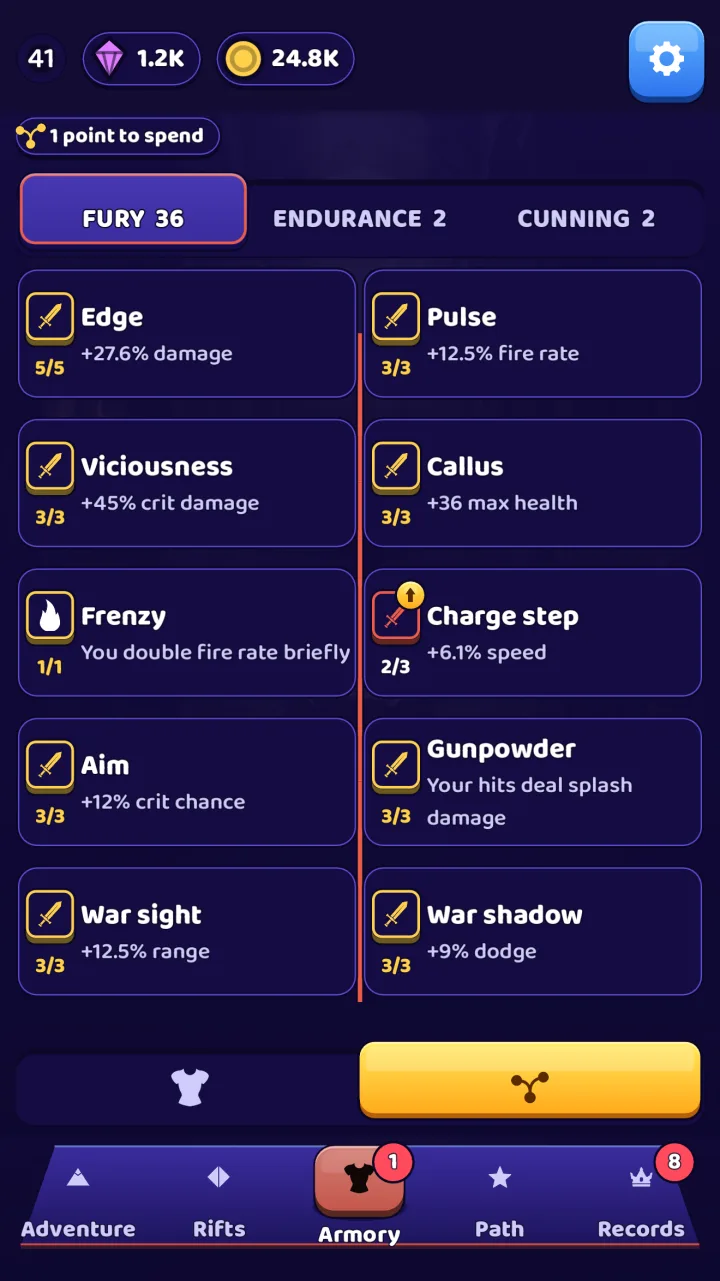 The talent tree with its three branches, Fury, Endurance and Cunning, and each node's effect.