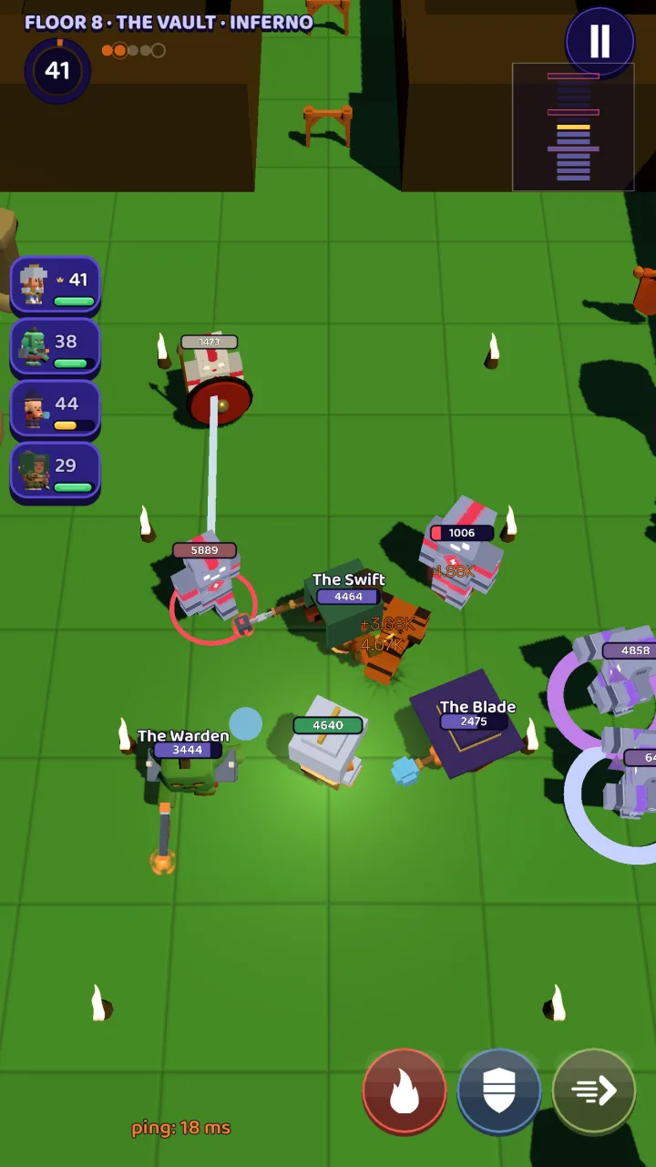 Four players in the same game, each with their own hero, weapon and name, fighting together.