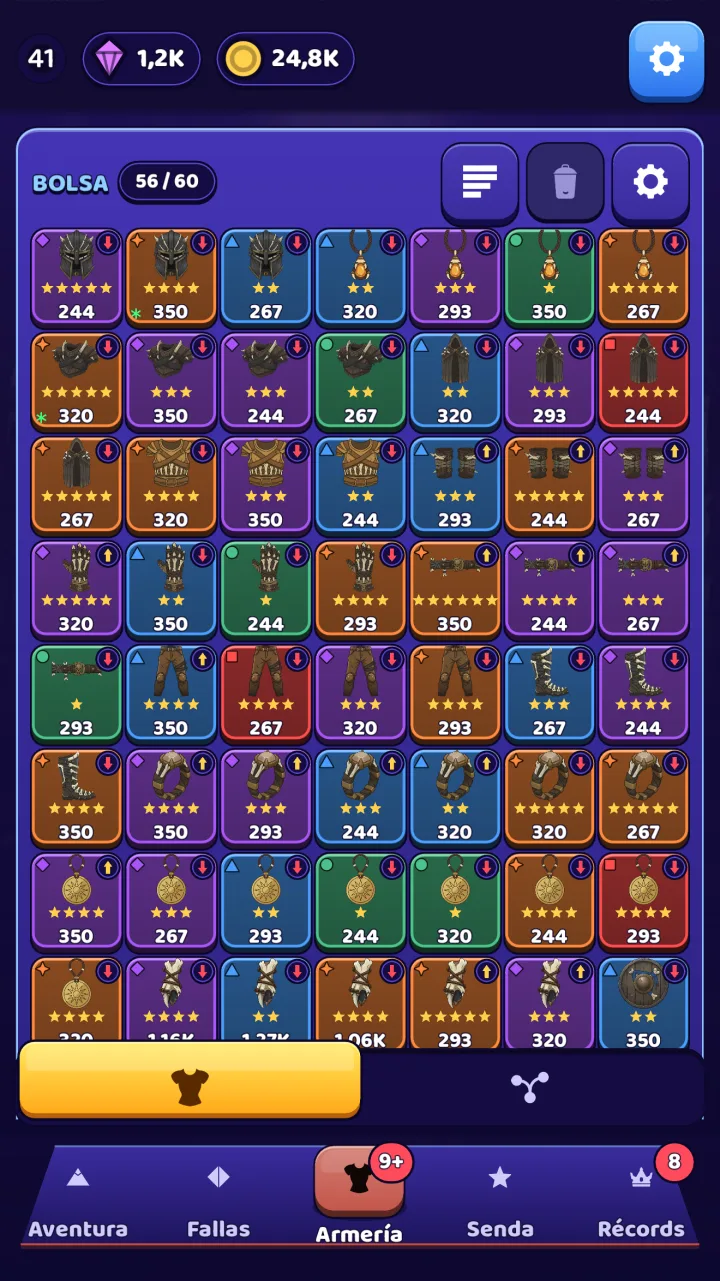 La bolsa llena de piezas de equipo ordenadas por rareza, cada una con su icono, sus estrellas y su valor.