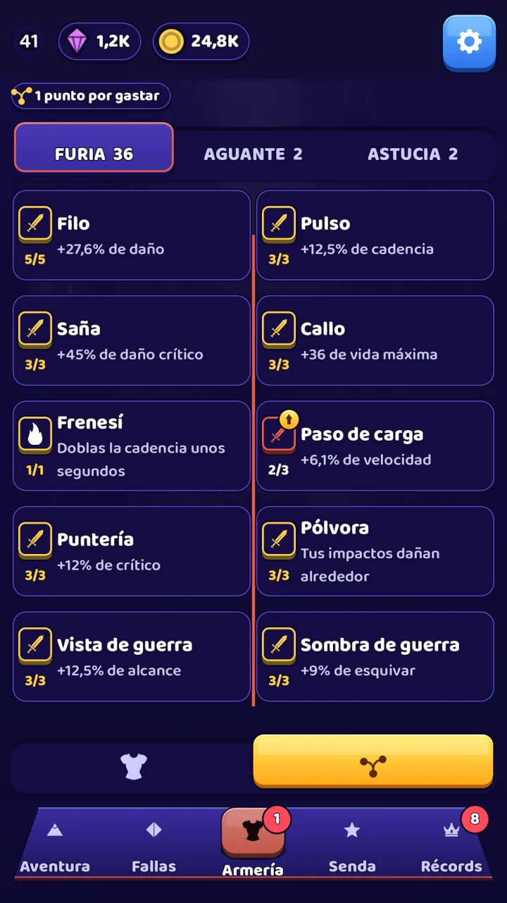 El árbol de talentos con sus tres ramas, Furia, Aguante y Astucia, y los nodos con su efecto.