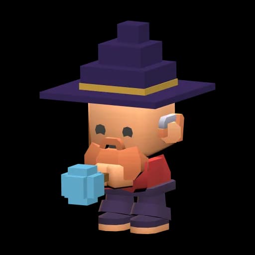 The Blade: a blocky hero with a purple wizard hat, a ginger beard and a red cape.
