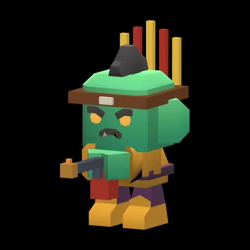 The Herald: a blocky hero with a green face, a hat with red and yellow feathers and golden boots.