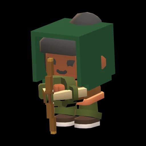 The Swift: a blocky heroine in a dark green hood and hunter's clothes.