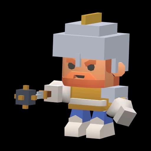 The Wanderer: a blocky hero with a grey helmet, a ginger beard and white and blue clothes.