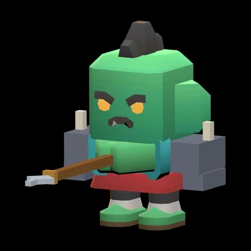 The Warden: a blocky heroine with a green face, a dark crest and grey shoulder pads.