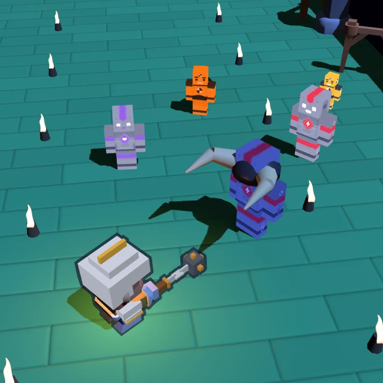 First floor of The Aqueduct: tiles in cold blue light, the hero and a horned enemy.