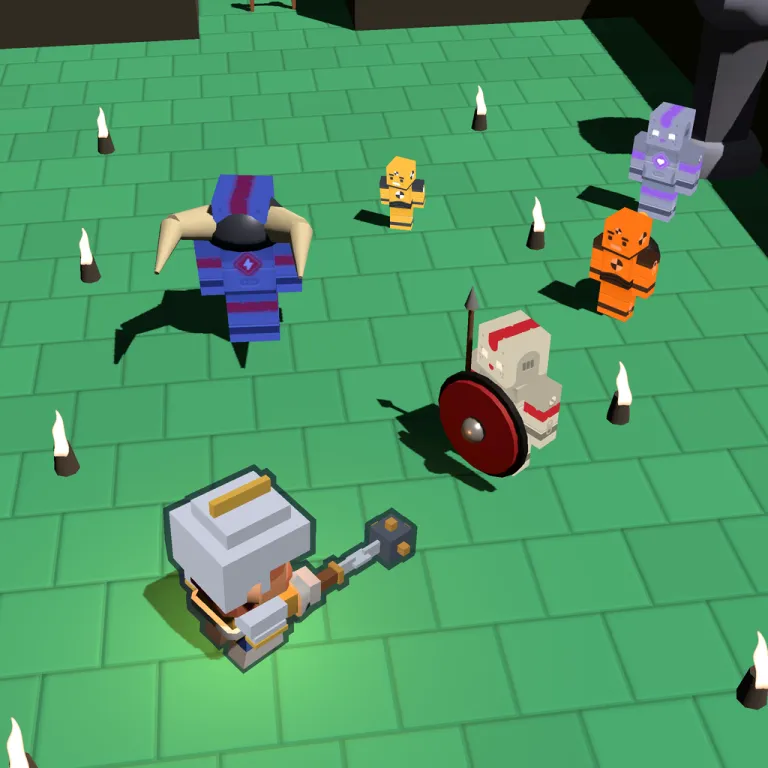 First floor of The Ossuary: pale tiles in flat light, the hero and a shielded enemy.