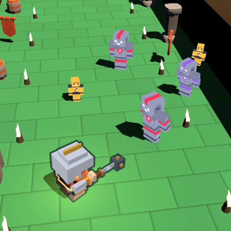 First floor of The Tower: the hero and several enemies on green tiles, in warm light.