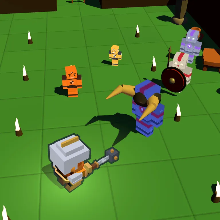 First floor of The Vault: dark olive tiles, the hero and an enemy with a red shield.